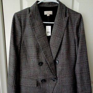 Loft Plaid Double-Breasted Blazer, Size 2, Gray